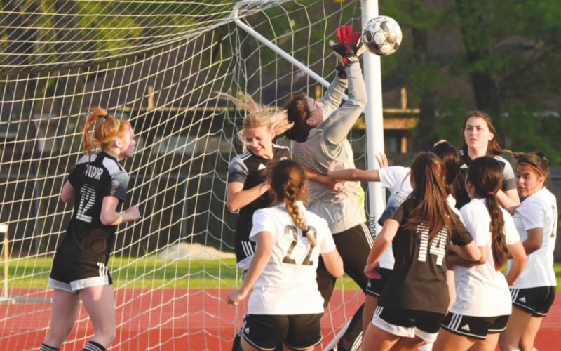 Audrey Tilley, center, blocks a goal shot. Tilley was named to the 1st Team All-Region team as goalkeeper