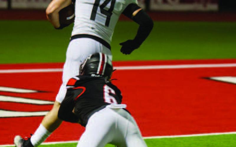 Pirate running back Jason Watson, #14, scores his first of six rushing touchdowns against Huffman Friday. The Huffman player is Tyler Wilkins, who scored five catches for touchdowns for the Falcons. Photos by Randall Luker