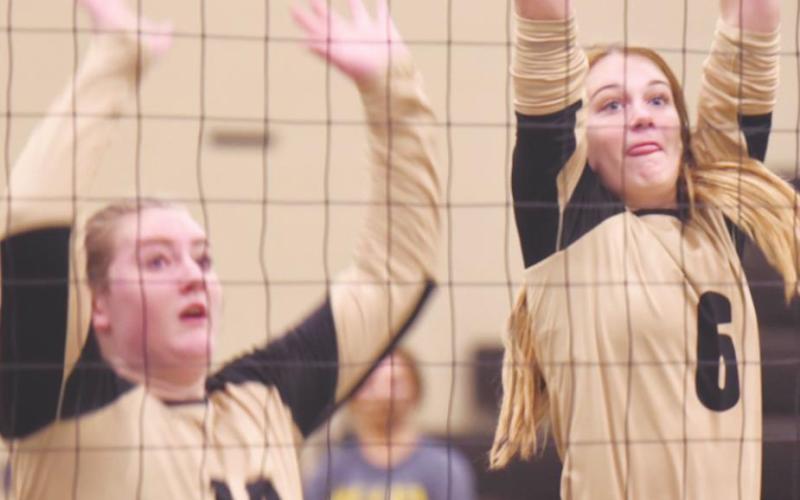 Bolivar • (409) 769-5428 Varsity Lady Pirates Ashleigh Sherman, left, and Brooklyn Bushelle go for a block at the net versus Deweyville Friday. ss Forms...