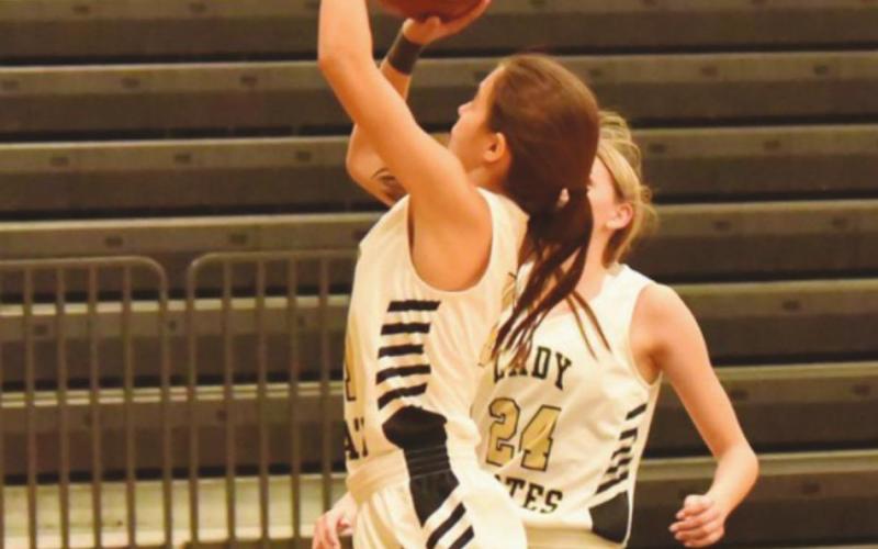 Sofia Rodriguez takes a shot as Reagan Stephenson readies for a rebound.