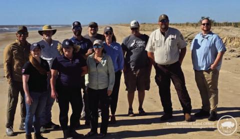 From left to right, back row: Philip Blackmar HDR Engineering, Jonathan Porthouse NFWF, Andrew Murphy GLO; Michael Cave TCEQ NRDA, Natalie Bell GLO, Jamie Schubert NOAA Restoration Center, Douglas Head McFaddin NWR Manager, Aaron Slevin TCEQ RESTORE. Front Row: Kristen Naz GLO, Kelly Brooks GLO; Angela Schrift TPWD NRDA.
