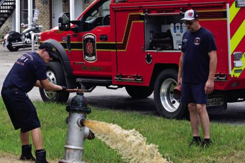 Orange County Emergency Services District #1’s newest employee Austin Powell, left, and Driver/ Operator Richard Hughes were busy Tuesday conducting an annual test of the fire district’s hydrants function and flow, plus maintenance, if needed. Due to their diligence, Vidor’s ISO insurance rating has improved, lowering residents’ home insurance premiums.