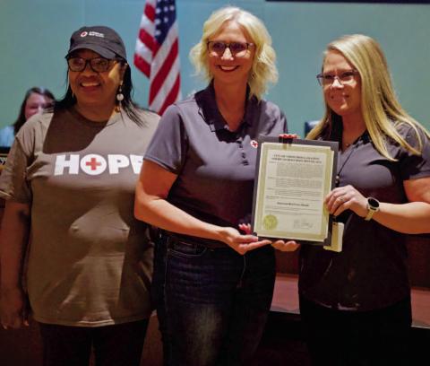 Accepting the City of Vidor’s proclamation on behalf of the American Red Cross were, left to right, Toni Manuel, volunteer, Kimberly Cline, Executive Director of the Southeast Deep East Chapter, and Vidor Mayor Misty Songe.
