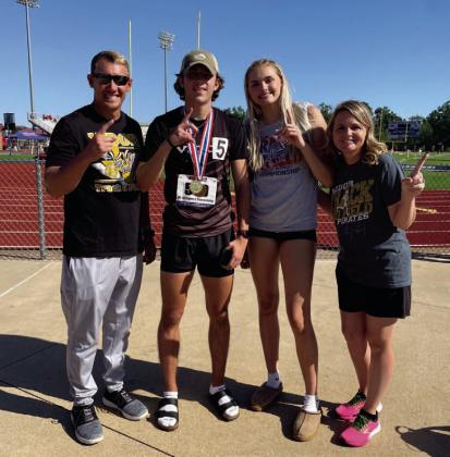 Two Vidor High School athletes will be competing in the 4A State Track Meet in Austin May 2-4 after qualifying at the Regional meet held in Bullard Friday and Monday. Raegan Stephenson will be defending her 4A State Champion title while Blake Richards will be competing in the 300 meter hurdles after his first place finish at the Regional Meet. Pictured are Coach Austin Powell, Richards, Stephenson and Coach Tracy Maines.
