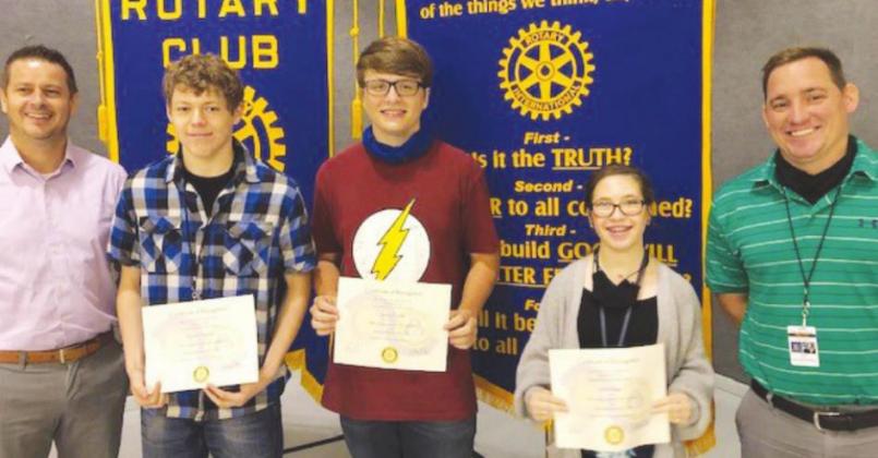 Left to right Vidor Rotary Club President Derrick Barber, Students of the Month senior Gunnar Hartman, sophomore Jeremy Trinkle, and freshman Averi Killgo. Not pictured is junior Savannah Young. The students are pictured with Vidor High School assistant principal Devan Dart. Photo Courtesy of Sally Andrews