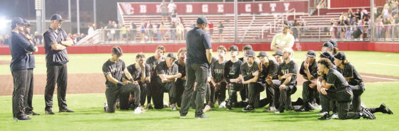 Pirate Coach Jeremy Gray gives his final post-game infield talk to the 2023-2024 Vidor Pirate baseball team following their 4-1 bi-district loss.
