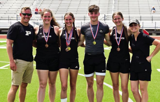 Seven Vidor athletes qualified to advance to Regional competition in Bullard Friday and Saturday four of them are pictured with their coaches. From left to right, Coach Powell, Rylee Sherman (discus), Jaden Lee (high jump, long jump, triple jump, 100m hurdles), Dane Villadsen (high jump), Madison Powell (discus), Coach Maines. Photo by Randall Luker