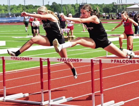 Lady Pirate Jaden Lee qualified for Regionals in four events. Lee is shown here in the 100m hurdles just ahead of LCM’s Paisley Angelle. Photo by Randall Luker