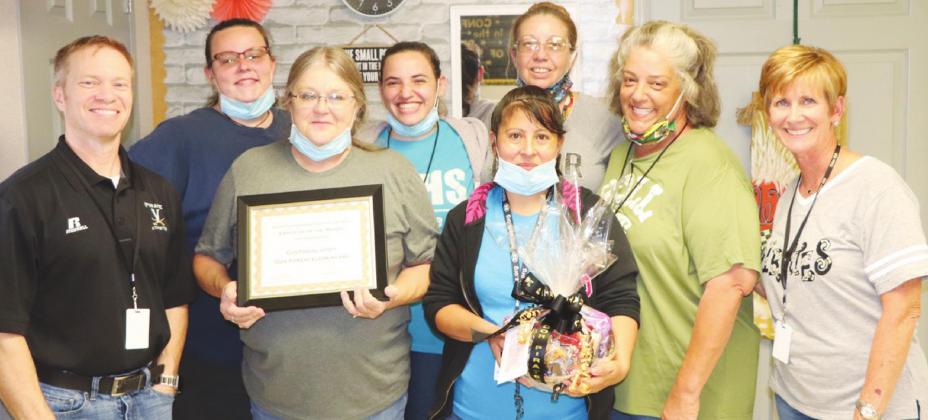 Oak Forest custodial staff, named VISD Employees of the Month, are pictured with Dr. Jay Killgo, Superintendent of Schools, and Oak Forest principal Carolyn Wedgeworth, right. They are Brittany Hawk, Head Custodian Sherry Peddy, Emily Lewis, Amalia Cabrera, Rhonda Wales, and Christine Jones.
