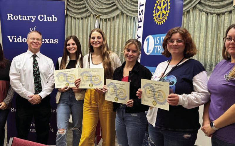 Rotary Club of Vidor Texas recognized the Vidor High School November Students of the Month at a luncheon today. Pictured are: Rotary President Angela Bryant, Vidor ISD Superintendent Dr. Jay Killgo, freshman Allie Williams, senior Reagan LaPray, junior Hope Dilley, sophomore Madalen Beasley, and Rotary President-Elect April Garcia.. Courtesy Photo VISD