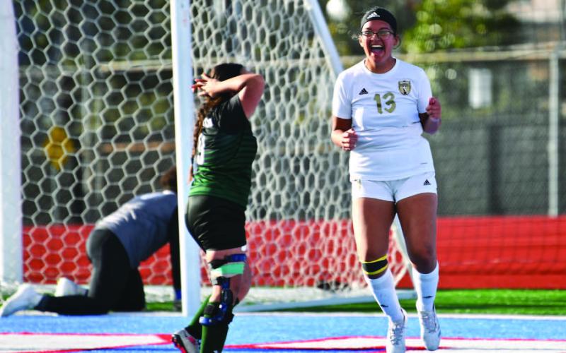Dayana Mijes reacts after scoring a goal to put Vidor up 1-0 over Livingston.