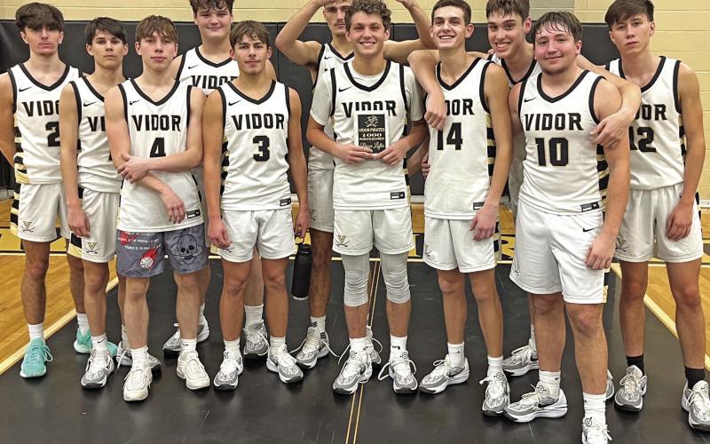 Vidor junior Bryce Loftin scored the 1,000th basket of his high school career in Tuesday night’s 64-27 win over Sabine Pass in Pirate Gym. Leading scorers were Bryce Loftin with 22 points, Brayden Root with 8 points and 8 rebounds, and Jose Guerrero-Evans with 7 points and 5 assists. Loftin was recognized with a plaque marking his accomplishment.