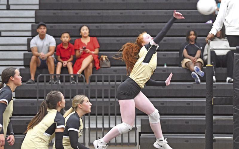 Ashlyn Martin jumps for a return against West Brook Tuesday in Pirate Gym.
