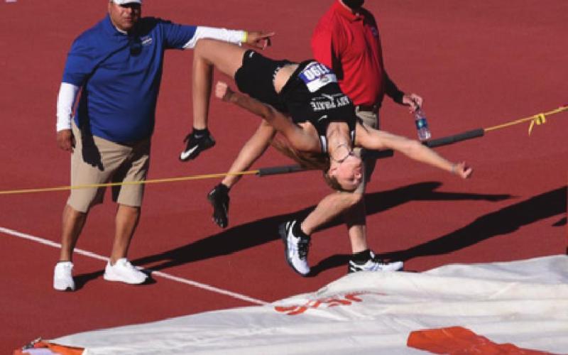 Silver medalist Raegan Stephenson taking a warm up jump at the State Track Meet in Austin Thursday.