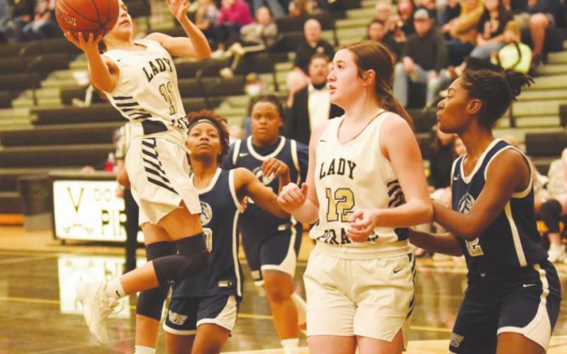 Lady Pirate Abigail Rodriguez gets airborne as she takes a shot as Ava Lightfoot loka on.