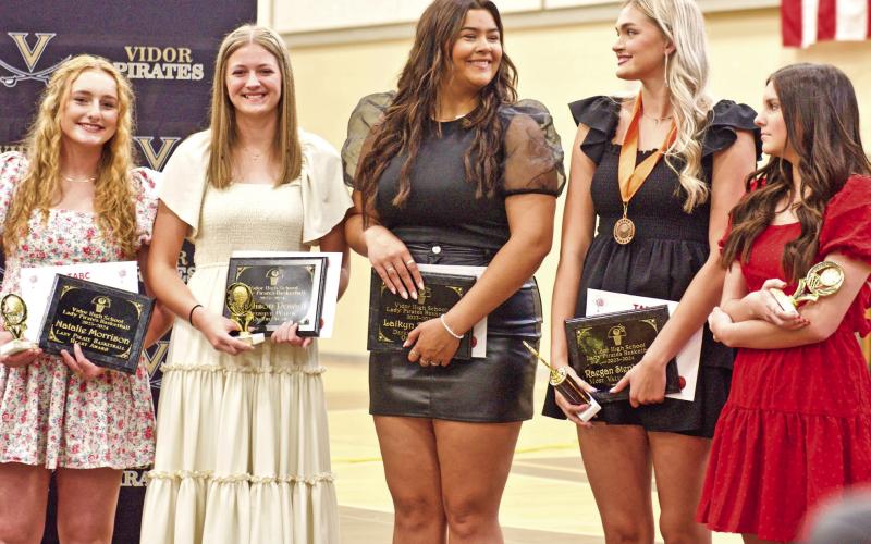 Lady Pirate Basketball Award winners, Natalie Morrison, Madison Powell, Laikyn Brodnax, Raegan Stephenson, Allie Williams