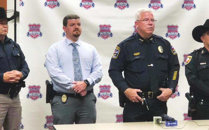 Appearing at a press conference at the Vidor Police Department announcing a $50,000 Crimestoppers reward for information in the 1991 Kathy Page murder case were Orange County Sheriff Jimmy Lane Mooney, Vidor PD Criminal Investigation Division Sergeant Tom Meadows, Vidor Police Chief Rod Carroll and Orange County Precinct 4 Constable Matt Ortego.