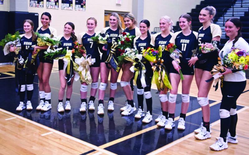 The Vidor Lady Pirates Volleyball team celebrated Senior Night Tuesday with flowers, gift baskets and a look back at their fondest memories and good times in the volleyball program. Seniors pictured are: Kaylar Holden, Madison Jones, Keira McCurley, Natalie Morrison, Mallory Guilott, Laikyn Brodnax, Hannah Bienvenu, Jaelyn Justice, Madison Powell, Raegan Stephenson and Carlie Abbot.