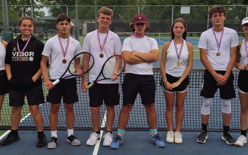 All these Vidor Tennis competitors placed in the district meet. Pictured left to right: Vanessa Davis, Hailey Daigle, Jose Guererro Evans, Lane Mathues, Shepard Rowe, Samantha Spence, Bryce Loftin, and Brityn Wooden