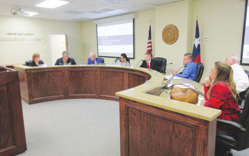 This Vidorian archive photo of the Vidor I.S.D. School Board of Trustees shows the current board during a pre-COVID-19 School Board meeting. Board members from left to right are; Trustee Gina VanDevender, Trustee Mike Helms, Trustee Mike Marion, Trustee Carrie Vincent, Superintendent of Schools Dr. Jay Killgo, Trustee David Camp, Trustee Rollie Burr, and Trustee Natalie Long.