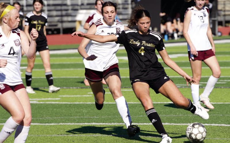 Goal! Kenya Correia scored with this kick in Tuesday’s 11-0 win over Silsbee.