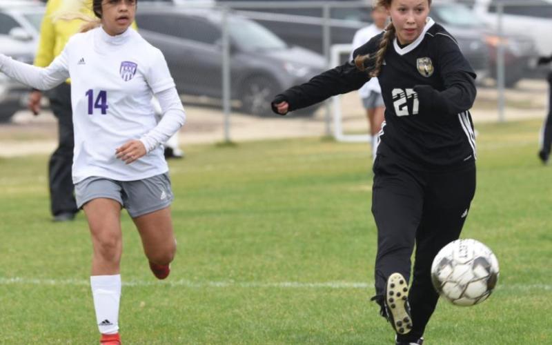Junior varsity Lady Pirate Natalie Domec scored a goal in the Dayton game. Photo by Randall Luker