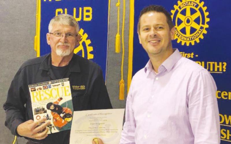 Eddie Wedgeworth of Vidor ISD Transportation was recognized as a Rotary Pillar of the Community for his faithful help with the green bus program. Photo Courtesy of Sally Andrews