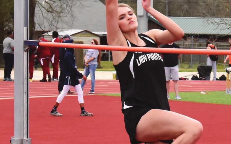 VHS Lady Pirate Raegan Stephenson finished in first place in the Regional Track Meet held last week in League City with a jump of 5’4"