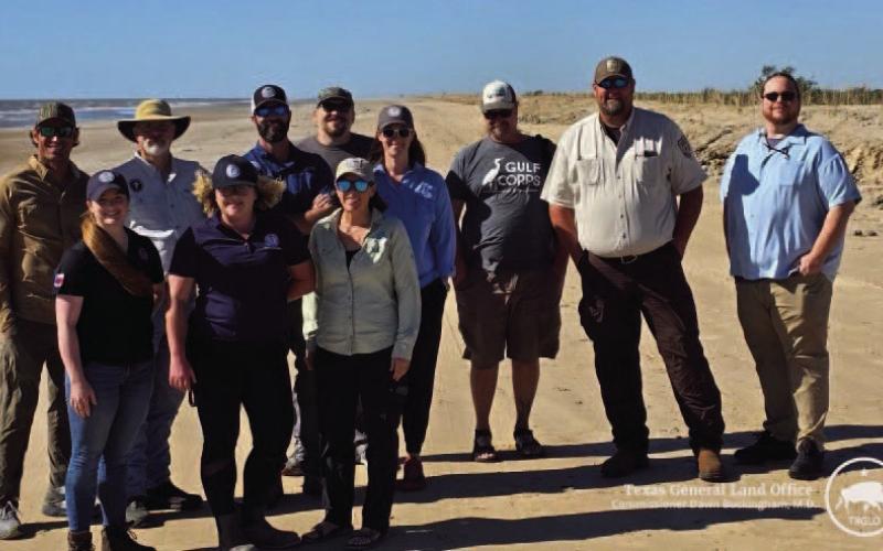 From left to right, back row: Philip Blackmar HDR Engineering, Jonathan Porthouse NFWF, Andrew Murphy GLO; Michael Cave TCEQ NRDA, Natalie Bell GLO, Jamie Schubert NOAA Restoration Center, Douglas Head McFaddin NWR Manager, Aaron Slevin TCEQ RESTORE. Front Row: Kristen Naz GLO, Kelly Brooks GLO; Angela Schrift TPWD NRDA.