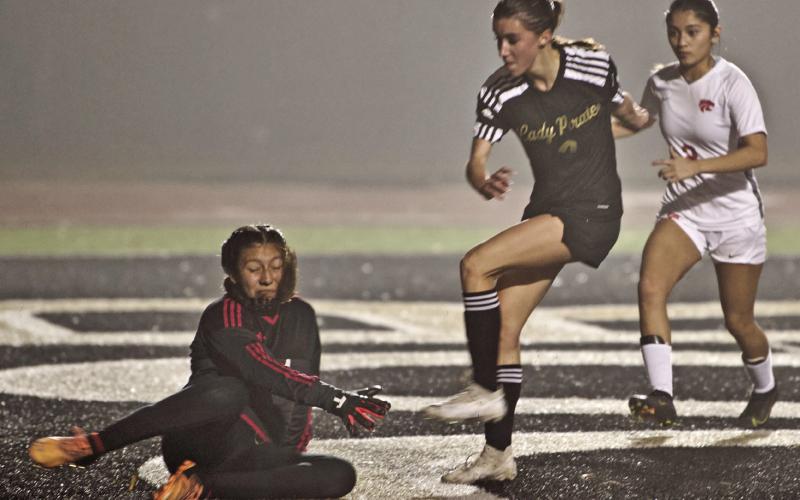 Bull scores Taylor Bull scores past the Lady Wildcats fallen goalkeeper Tuesday night. Bull led the Lady Pirates in scoring with three.