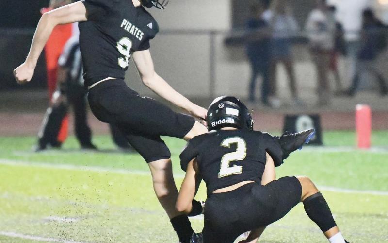 JR Howard made seven of eight PAT attempts versus the Hawks. Pirate QB Daigan Venable is the holder.