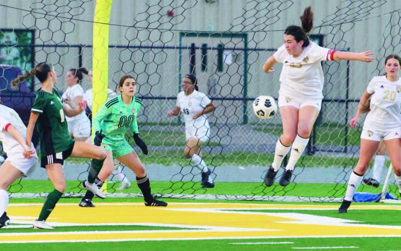 Lady Pirate defenders blocked this shot by th eLady Bears early in the game Vidor won 4-3. Photo by Randall Luker