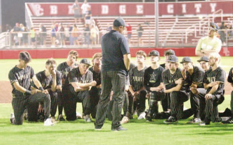 Pirate Coach Jeremy Gray gives his final post-game infield talk to the 2023-2024 Vidor Pirate baseball team following their 4-1 bi-district loss.