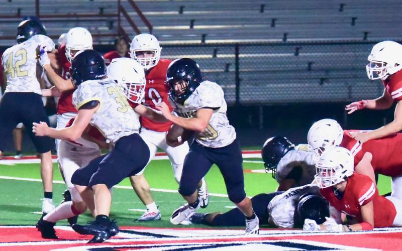 The Pirate offensive line punished the BC defense all night, opening running lanes for Vidor ’s backs like this 30 yard pickup in the Pirates’ final drive before they kneeled out the game in victory formation on the BC 20 yard line. Photo by Randall Luker