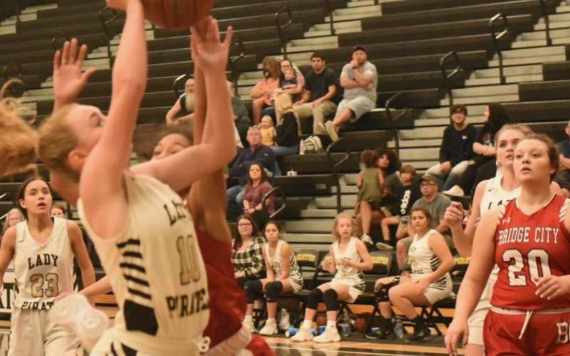 A Bridge City Lady Cardinal fouls Natalie Morrison as she goes for two. Photo by Randall Luker
