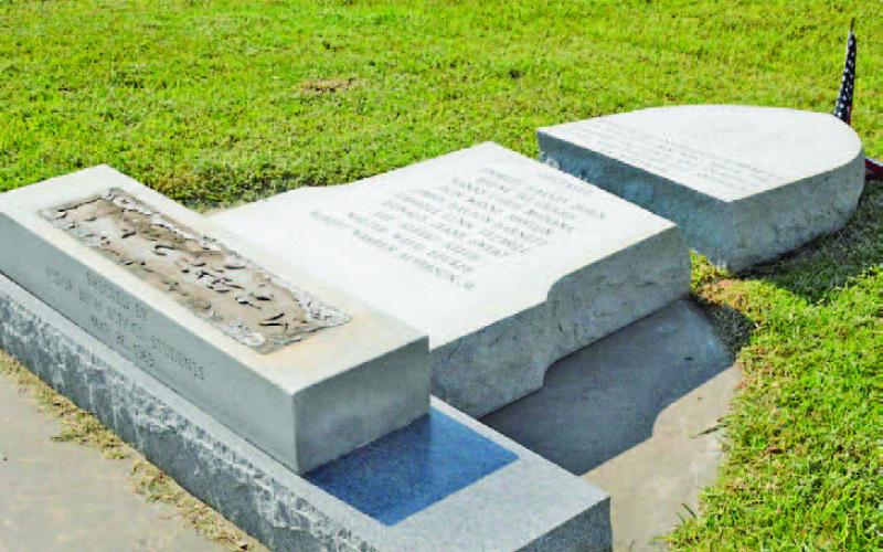 A six-foot, ten-inch monument to ten brave Vidorians who gave their lives to protect our freedom in Vietnam lies on the ground next to its pedestal in the Vidor Lions' Club Veterans' memorial Park shortly after it was discovered on Friday. In the second picture you can see where the monument has broken clean in tow by the force of the fall. Archive Photo