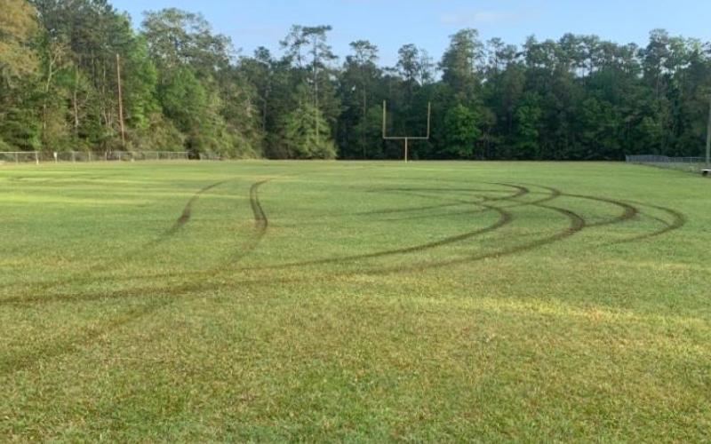 The VPIFA football field on South Main was damaged by trespassers riding ATV’s onto the field over the weekend. Photo by Randall Luker