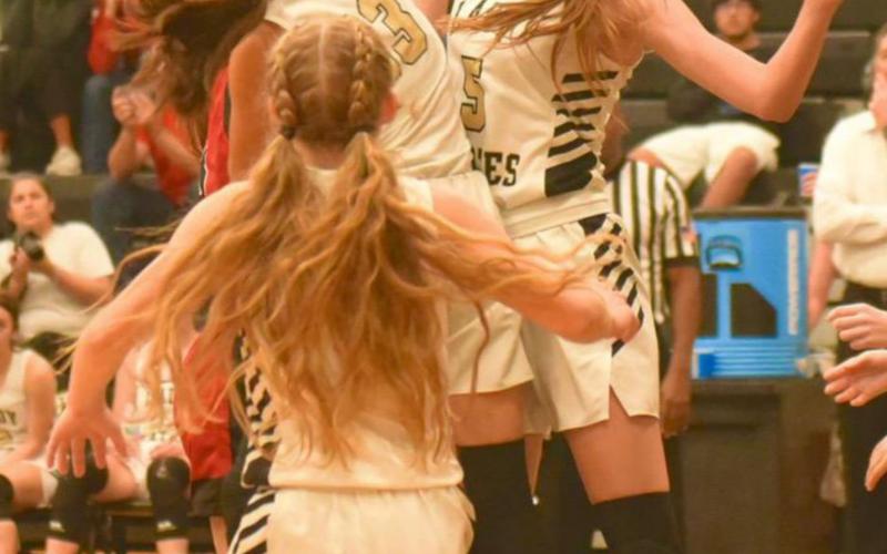 Lady Pirates under the basket go for a block or await the rebound. Pictured are Mia Robin with back to camera, Sofia Rodriguez, middle, and Raegan Stephenson right. Photo by Randall Luker