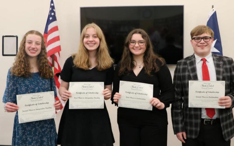 Winners at Little Cypress – Mauriceville High School – March 6, 2022. From left to right: Abigayle Welch (2nd Place in Interpretive Reading), Jessica Ridout (1st Place in Interpretive Reading), Sarah Howell (1stPlace in Declamation), and Cole Watson (2nd Place in Declamation).