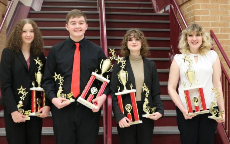 Winners at Bridge City High School – March 7, 2022. From left to right: Chloe Doyle (2nd Place in Declamation), Jackson Pachar (1st Place in Declamation), Ava Gassen (1st Place in Interpretive Reading), and India Bonnette (2nd Place in Interpretive Reading)