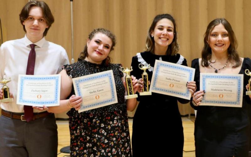 Winners at Orangefield High School – February 10, 2022. From left to right: Zachary Jagoe (2nd Place in Interpretive Reading), Shelby Eason (1st Place in Interpretive Reading), Sadie Prouse (1st Place in Declamation), and Madeleine Wernig (2nd Place in Declamation).