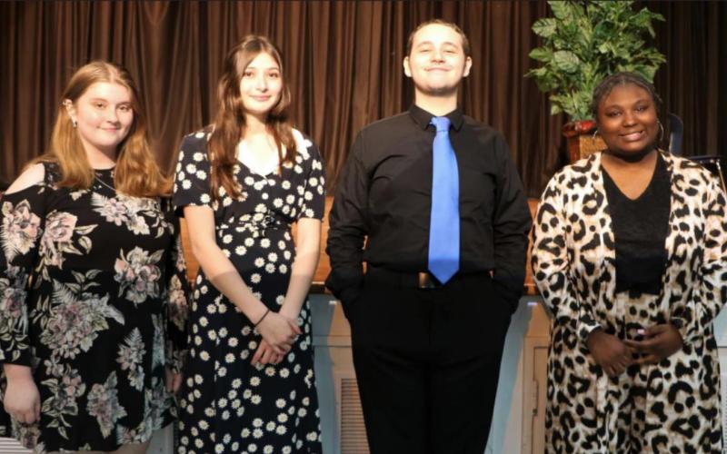 Winners at West Orange - Stark High School – February 16, 2022. From left to right: Alexis Baumgartner (2nd Place in Declamation), Alicia Odom (1st Place in Declamation), Lance Parks (1st Place in Interpretive Reading), and Naomi James (2nd Place in Interpretive Reading).