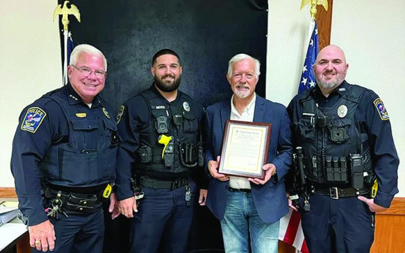 Heroes recognized Congressman Randy Weber stopped in Vidor last week to recognize two local heroes. Vidor Police Department officers Moss and Stephenson were recognized for saving two children trapped in a burning home in Vidor on September 10. Pictured are, Vidor Police Chief Rod Carroll, Officer Moss, Congressman Randy Weber, Officer Stephenson