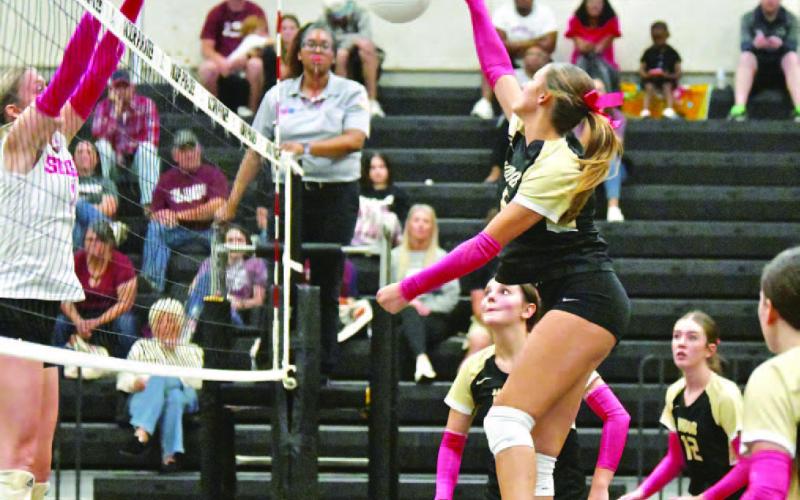 Paisley Miller returns the ball in Tuesday night showdown with Silsbee to claim a playoff spot.