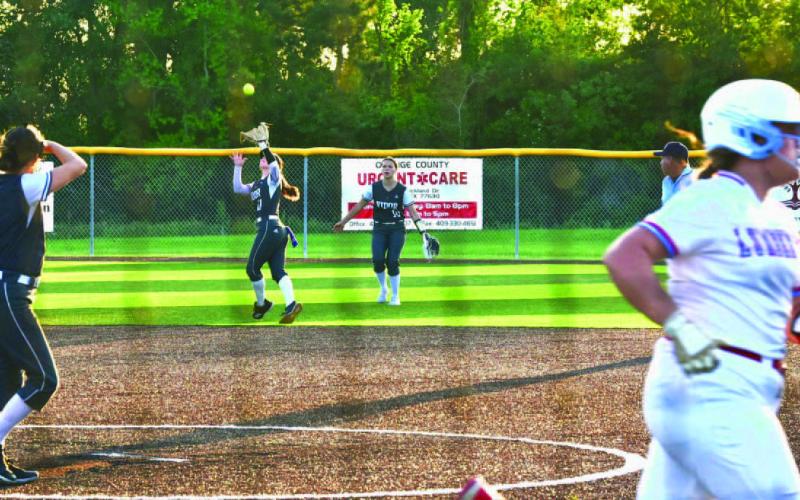 Lady Pirate Eryn Barraza gets under an infield pop up as the batter heads toward first.during Monday’s seeding game versus Lumberton. Photos by Randall Luker