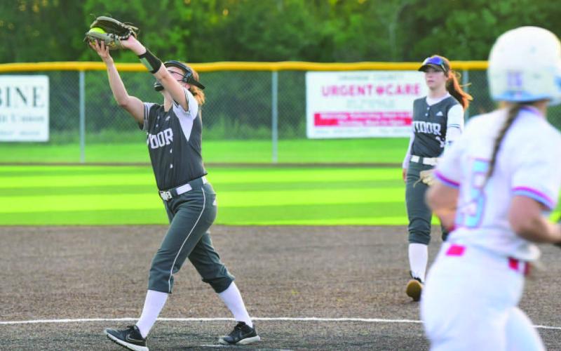 Lady Pirate pitcher Keira McCurley can field as well as pitch as she handles this pop up for an out in Monday’s seeding game versus Lumberton. Vidor won 9-4 to secure third place in district. Eryn Barraza is backing her up from her shortstop position.