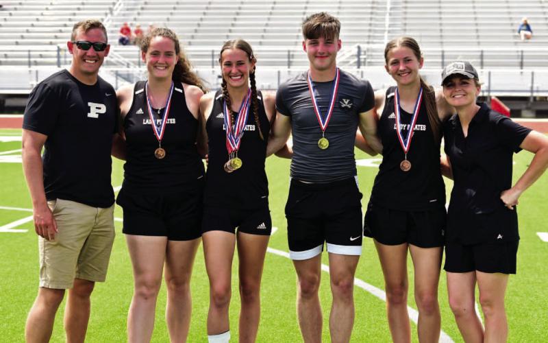 Seven Vidor athletes qualified to advance to Regional competition in Bullard Friday and Saturday four of them are pictured with their coaches. From left to right, Coach Powell, Rylee Sherman (discus), Jaden Lee (high jump, long jump, triple jump, 100m hurdles), Dane Villadsen (high jump), Madison Powell (discus), Coach Maines. Photo by Randall Luker