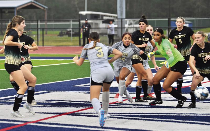 Jordyn Fowler, far left, watches as her kick shoots past the Nederland defense for a goal.