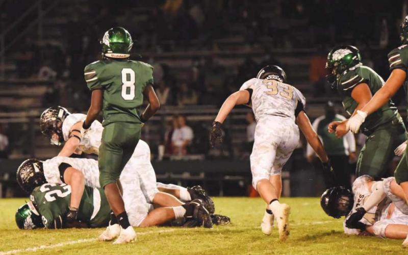 Two unidentified Pirate defenders broke through the line to bury a Lions running back behind the line of scrimmage.