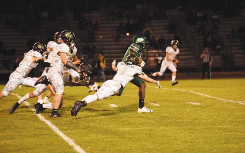 Nathan Bullard makes a flying leap as he tries to bring down a Lions runner.